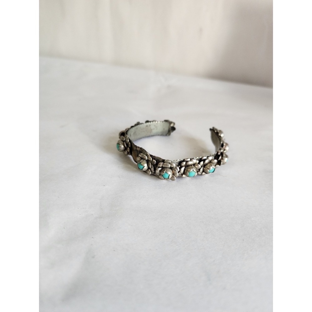 Vintage Mexico Silver Turquoise Floral Cuff Bracelet Handcrafted Boho Stamped